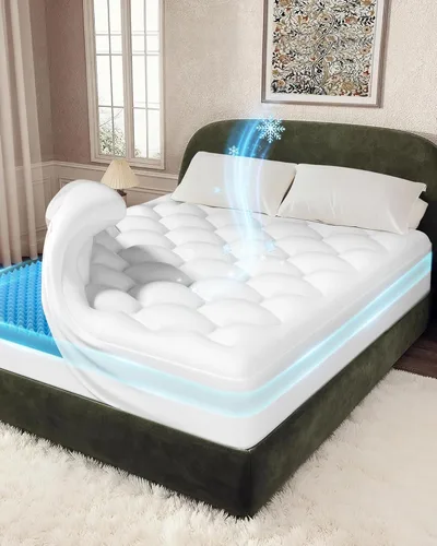 Vista 16 de OhGeni Cubrecolchón de doble capa de 4 pulgadas, espuma viscoelástica de gel y almohadilla superior suave de 2 pulgadas, funda de colchón, sueño
