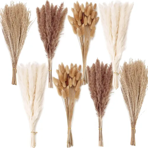 Vista 10 de Decoración de hierba seca de las pampas, 120 piezas de hierba de las pampas con colas de conejo, ramo de hierba de caña para bodas, flores bohemias
