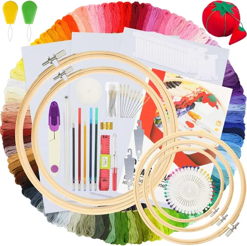 Similane Kit de bordado de 215 piezas, 100 hilos de colores, 5 aros de bordado, 3 piezas de tela Aida, 40 alfileres de costura, herramientas de