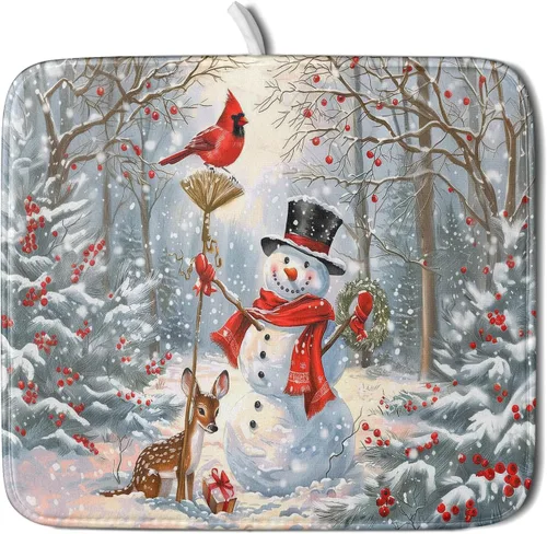 Vista 130 de Tapete de secado de platos con diseño de pájaro rojo de Feliz Navidad, absorbente y de secado rápido, protector para encimera de cocina, 18 x 24