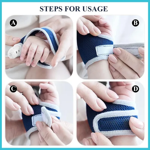 Vista 5 de Juego de 2 protectores de dedos de silicona para bebés pequeños con banda de muñeca transpirable para evitar que los niños chupen los dedos (azul)