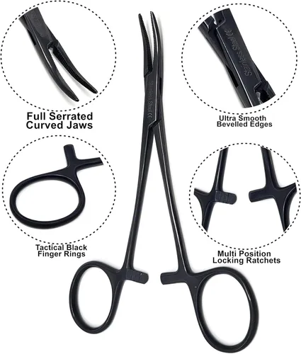 Vista 4 de Juego de 2 pinzas para hemostato de mosquito de 5 pulgadas rectas y curvadas con mandíbulas dentadas completas y hechas de acero inoxidable de alta