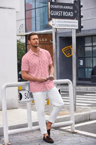 Vista 19 de COOFANDY Camisa casual con botones para hombre, manga corta, sin arrugas, camisa de verano