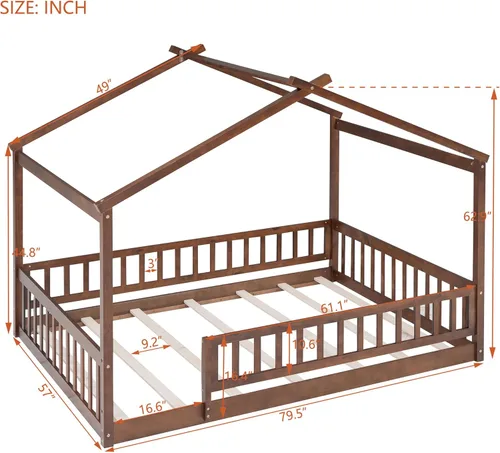 Vista 49 de Harper & Bright Designs Cama Montessori de tamaño matrimonial, cama de piso para niños con barandilla de valla, marcos de cama matrimonial de madera