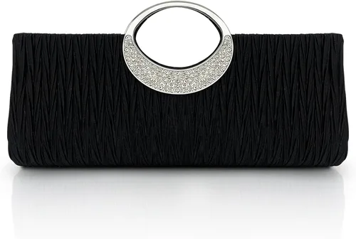 Bolso de mano de satén plisado para mujer | Bolso de noche con mango de diamantes de imitación | Bolso largo formal para fiesta, novia, boda, baile