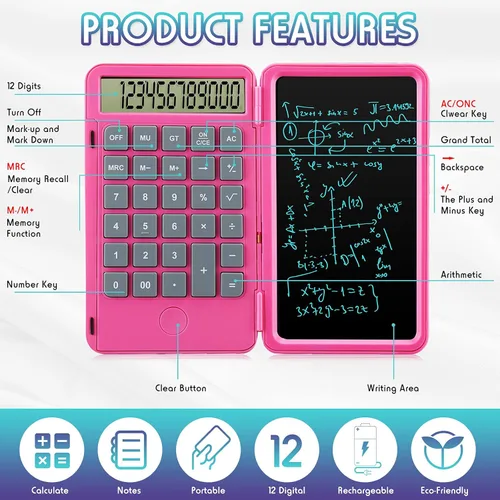 Vista 33 de Calculadoras Hion, Calculadora recargable de escritorio y de bolsillo con pantalla grande de 12 dígitos y tableta de escritura borrable