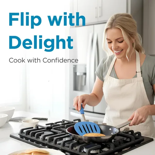 Vista 7 de Kitchen Mama WaltzGrip Platinum Espátula de Silicona para Tortitas y Volteador Resistente al Calor, Flexible, Núcleo de Acero Inoxidable