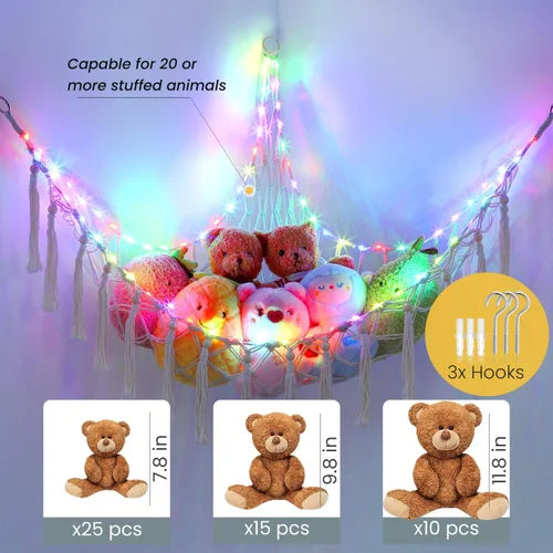 Vista 6 de Hamaca de animales de peluche con 20 colores cambiantes, 75 LED, hamaca de macramé de almacenamiento extra grande de 55 pulgadas con control remoto