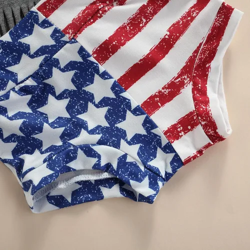 Vista 5 de Traje para bebÃ© niÃ±a del 4 de julio, ropa para el DÃ­a de los CaÃ­dos con borlas, camiseta con bandera