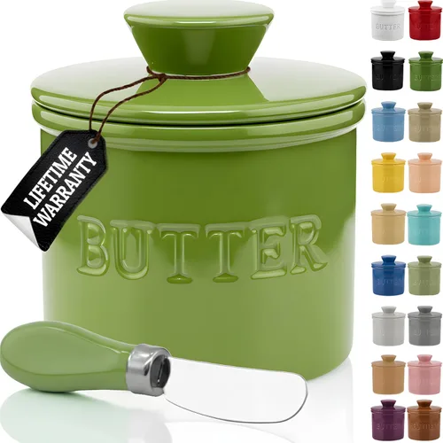 Vista 29 de Priority Chef Recipiente para Mantequilla con Tapa y Línea de Agua, Plato Francés de Cerámica para Mantequilla para Dejar en la Encimera, Gris Claro