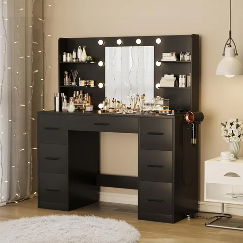 Vista 23 de Furmax Escritorio de tocador con espejo, luces LED y toma de corriente, mesa de tocador de maquillaje con 7 cajones y 6 estantes de almacenamiento