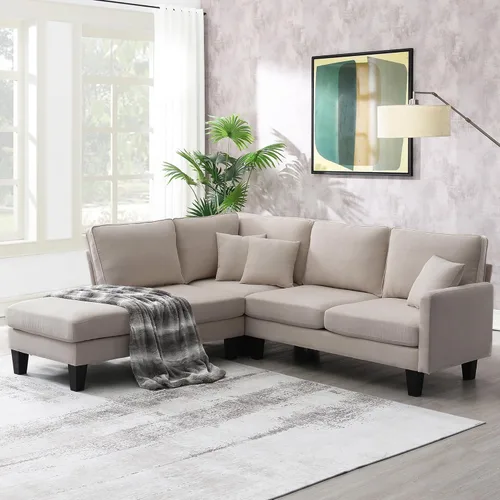Vista 28 de Sofá modular en forma de L de 100.7 pulgadas con otomana extraíble, modernos sofás de 3 plazas con dos reposabrazos y patas de metal, cómoda tela