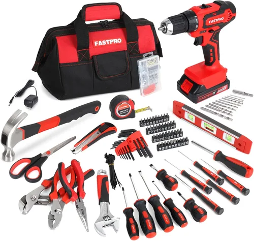 Vista 10 de FASTPRO 232 piezas 20 V Rosa inalámbrico Taladro de iones de litio y juego de herramientas para el hogar, kit de herramientas de reparación
