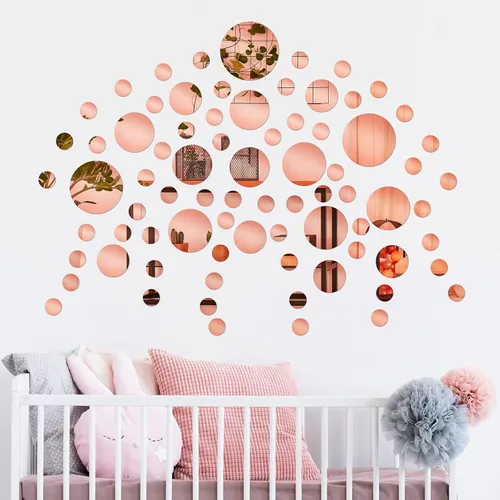 Vista 7 de 60 calcomanías de pared de espejo acrílico, calcomanías redondas adhesivas para el hogar, baño, dormitorio, espejo de oro rosa, papel tapiz