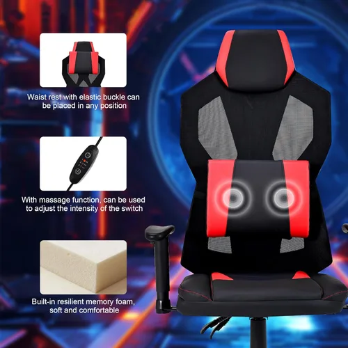 Vista 5 de Frassie Silla de juegos con luces LED RGB, silla de videojuegos ergonómica para computadora con soporte lumbar de masaje (rojo)
