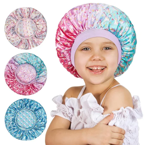 Vista 11 de 3 gorros para niños, gorros para niñas, gorro de seda satinada para dormir, gorro de dormir de banda ancha suave para trenzas de cabello rizado
