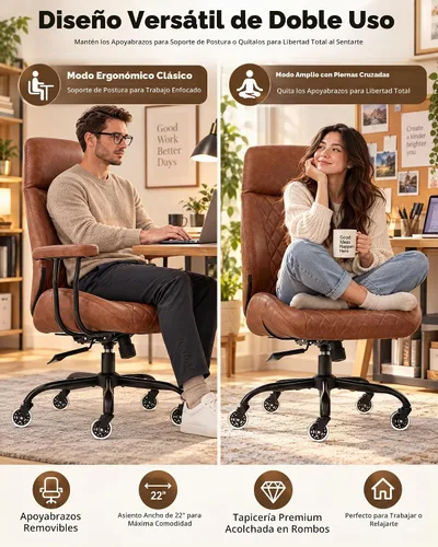 Vista 5 de E-Motie Silla de oficina de cuero, silla de escritorio moderna de mediados Marrón