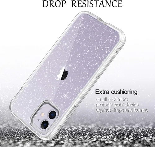 Vista 4 de LONTECT - Carcasa para iPhone 11 con protector de pantalla integrado, brillantina, transparente, a prueba de golpes, carcasa híbrida protectora