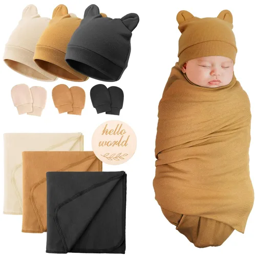 Vista 14 de DRESHOW BQUBO Manta de recepción para recién nacido con juego de sombrero con moño y guantes, manta de algodón para envolver al bebé, saco de dormir
