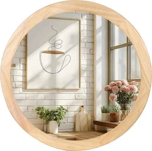 Vista 15 de Espejos redondos de 24 pulgadas, espejo rústico de pared de tocador de madera con marco de madera, espejo circular de madera para baño, dormitorio