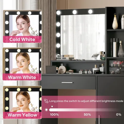 Vista 3 de Palimder Escritorio de tocador con espejo y luz, cajón grande y cómoda de almacenamiento de tres niveles, 3 modos de iluminación de brillo