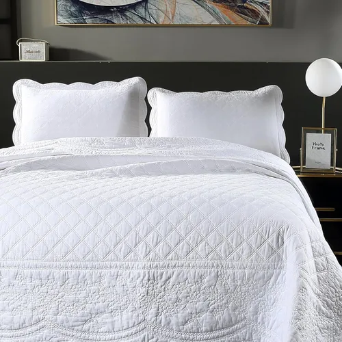 Vista 36 de Juego de edredón azul floral con patrón de bordado 3D de 2 piezas, 100% algodón, reversible, acolchado bordado decorativo, cubrecamas, juego