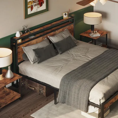 Vista 9 de LIKIMIO Marco de cama tamaño completo, cama de plataforma con cabecera de almacenamiento de 2 niveles, sólida y estable, sin ruido, no necesita