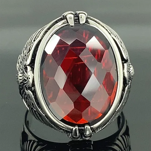 Vista 7 de Men Handmade Eagle Ring, Ruby Stone Ring, Silver Red Ruby Stone Ring, 925k Sterling Silver Ring, Handmade American Eagle Mens Ring