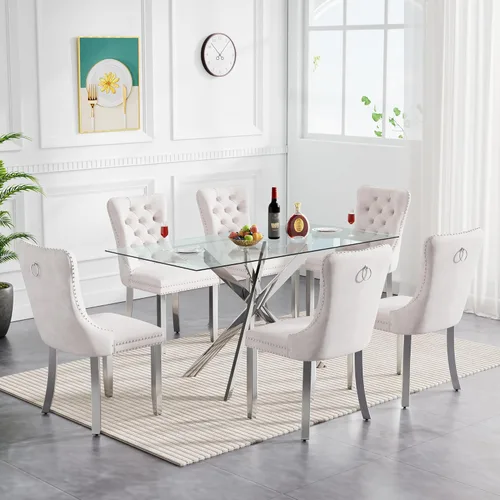 Vista 20 de SSLine Moderno juego de mesa de comedor de cristal dorado de 5 piezas para 4 mesas de cocina y sillas rectangulares de lujo de vidrio para 4, mesa