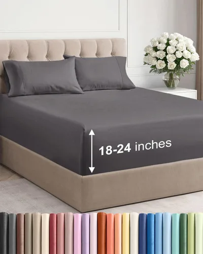 Vista 100 de Juego de sábanas de bolsillo extraprofundo, transpirables, refrescantes, suaves, de ajuste fácil y seguro, sin arrugas y cómodas, para hotel, 4