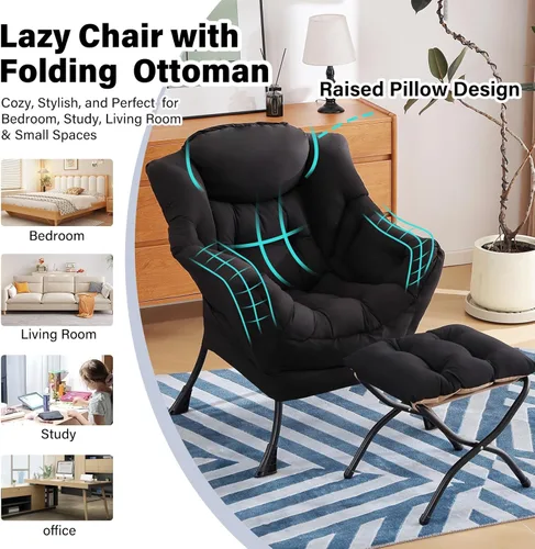 Vista 196 de Silla Lazy con otomana, silla moderna con reposapiés plegable, silla de acento de salón, cómoda silla de lectura para dormitorio, estudio, sala