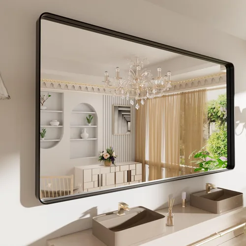 Vista 90 de LOAAO - Espejo de tocador para baño con marco de metal negro mate de 48 x 32 pulgadas para pared, rectangular, grande, redondeado, anticorrosión