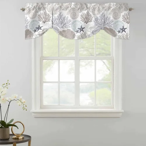 Vista 4 de Cenefa de amarre para ventanas, cortinas náuticas costeras de coral, cenefas con bolsillo para barra, cortinas de ventana con temática de playa