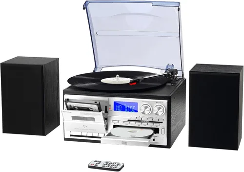 MUSITREND Tocadiscos 10 en 1 con altavoces externos, giradiscos de 3 velocidades con radio AM/FM, reproductor de CD y casete, Bluetooth,