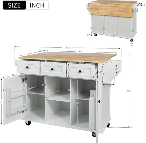Vista 40 de P PURLOVE Carrito de isla de cocina con parte superior de madera y ruedas de bloqueo, carrito móvil de isla de cocina con armario de 4 puertas