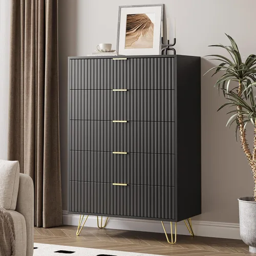 Vista 15 de MAISONARIA Cómoda negra para dormitorio, cómoda de 4 cajones con asas de metal dorado y cómodas, cómodas para pasillo, dormitorio