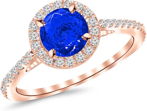 Anillo de compromiso clásico de oro blanco de 14 quilates con diamantes de halo de 0,9 quilates con un centro de zafiro azul natural de 0,5 quilates