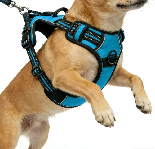 Vista 17 de Arnés negro reflectante sin tirones para perro con 2 clips para correa, chaleco acolchado suave para perros pequeños, fácil de poner y quitar