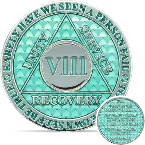 Moneda de sobriedad de 8 años | Chip AA Legacy | Ficha de aniversario de recuperación de triplaca gruesa (aguamarina)