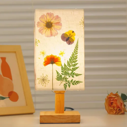 Vista 9 de Lámpara de Mesa de Flores Secas 5W LED 3 Temperaturas de Color Presión Lámpara de Noche Cuadrada con Pantalla de Lino y Base de Madera