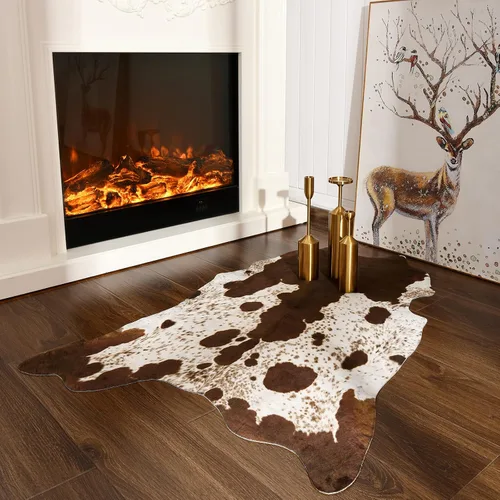 Vista 2 de Foxmas Alfombra de piel de vaca sintética para dormitorio, sala de estar, decoración occidental del hogar, alfombra con estampado de animales