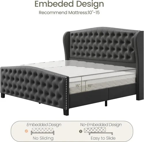 Vista 8 de LARMACE Base de cama tamaño King con plataforma tapizada de terciopelo con cabecera con respaldo de alas y pie de cama, base de cama capitoné