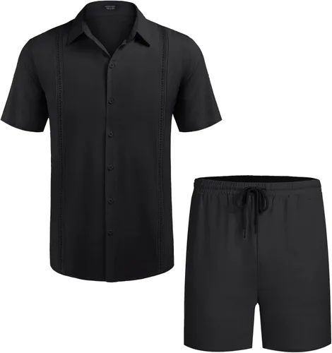 Vista 4 de COOFANDY Conjunto de lino de 2 piezas para hombre, traje de guayabera, camisa y pantalón corto con botones
