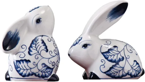 Estatua de conejo de cerámica de Pascua, estatua de conejo, esculturas de animales azules y blancos, decoración del hogar, adornos chinos