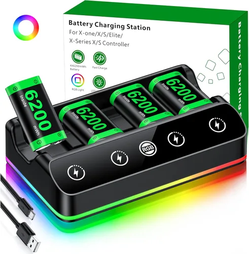 Vista 10 de DINOSTRIKE Paquete de 2 baterías de controlador de 6200 mWh, recargables compatibles con Xbox One, estación de carga RGB, cable USB C extendido