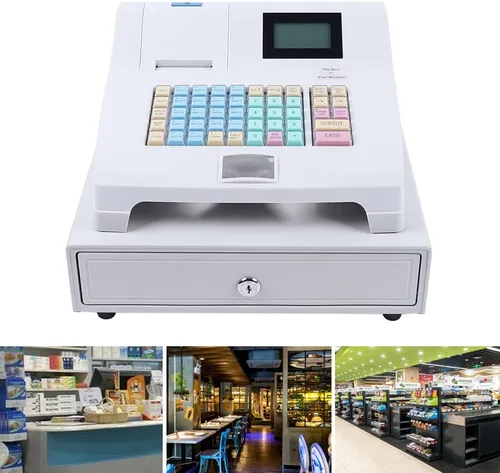 Vista 4 de Caja registradora electrónica de 110 V con cajón 48 llaves al por menor POS Casher Digital 8 pantalla LED blanco