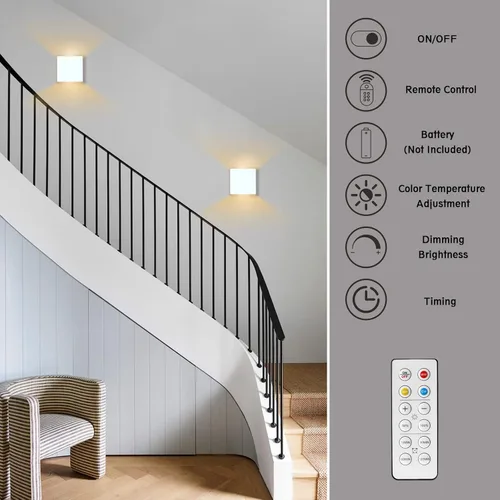 Vista 2 de HEQIQEH Modern Cube - Apliques de pared a pilas, cubo LED blanco para interiores arriba y abajo, lámpara de pared con control remoto, accesorios