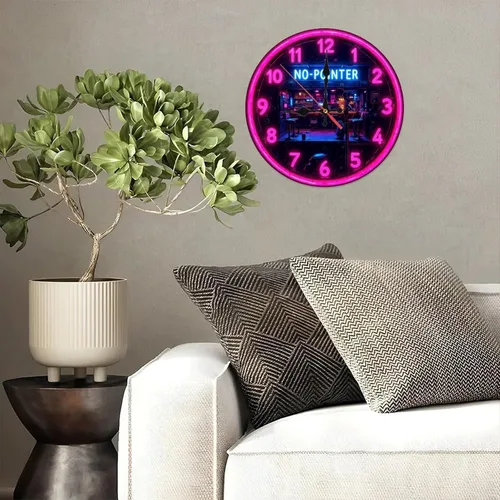 Vista 4 de Neon Clock Bar Retro Cyberpunk Wall Clock 10-Inch Wooden Wall Clock, Silent Movement, Battery Operated (AA Batteries Not Included), Artistic Home