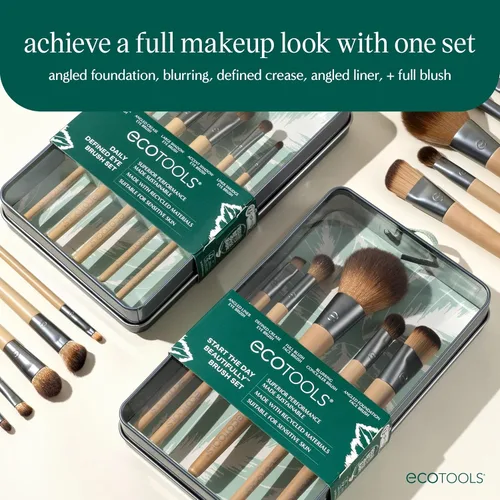 Vista 3 de EcoTools Juego de brochas de maquillaje para sombra de ojos, base, rubor y corrector con estuche de almacenamiento adicional, comienza el día