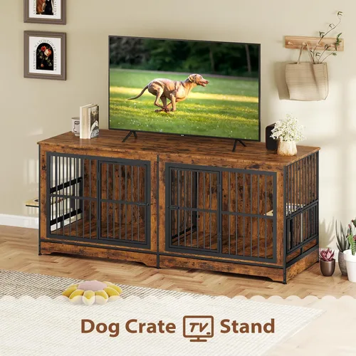 Vista 7 de Rovibek 78 Mueble Jaula Doble para Perros para 2 Perros Grandes de Interior, Muebles de Madera Jaulas para Perros con Cuenco para Perros, Mueble